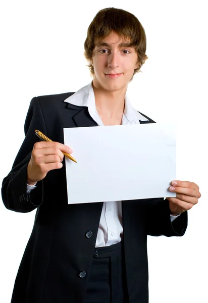 Young men in black shows empty sheet — Stock Photo, Image