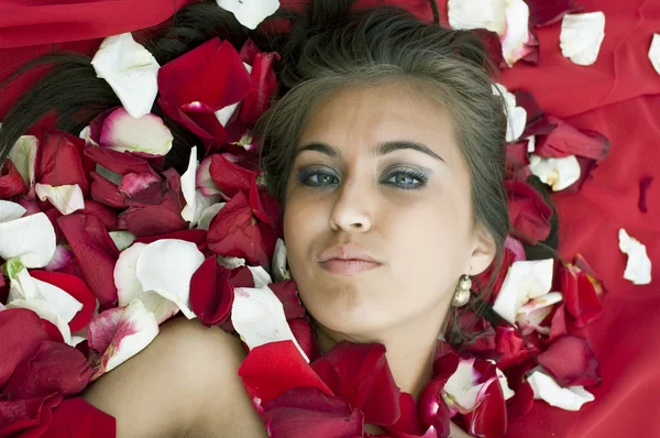 Молодая девушка в лепестках роз — стоковое фото