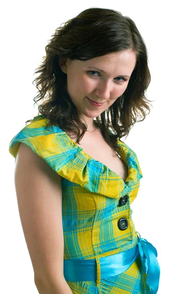 Menina em vestido de cores azuis e amarelas — Fotografia de Stock
