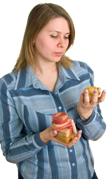 Women with soap pieces in hands — Stock Photo, Image