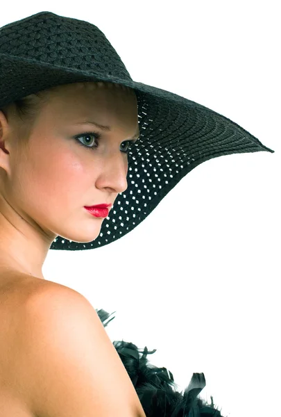 黒の帽子とボアで美しい女性 — ストック写真