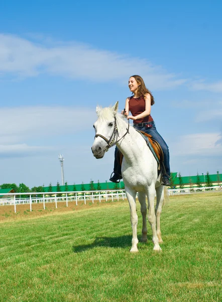 Sonriente chica abraza un caballo blanco — Foto de Stock