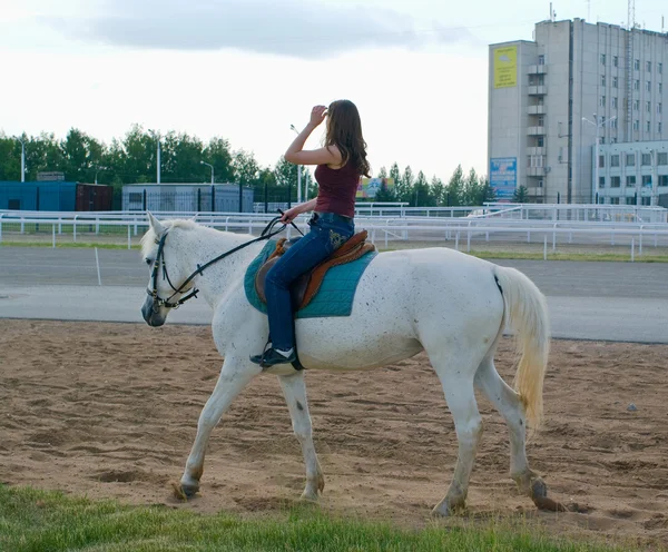 Chica abraza un caballo blanco — Foto de Stock