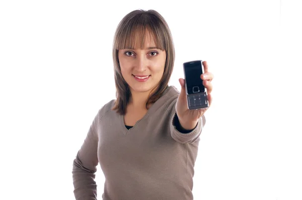 Jonge vrouw met mobiele telefoon geïsoleerd op whit — Stockfoto
