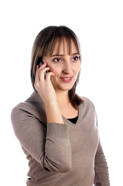 Młoda kobieta z telefonu komórkowego na białym tle na Zielone Świątki — Zdjęcie stockowe