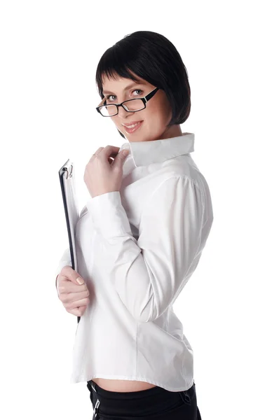 A bájos fiatal üzleti nő egy fehér shi — Stock Fotó