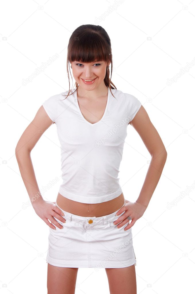 A charming young girl in a white T-shirt — Stock Photo © SergeyNivens ...