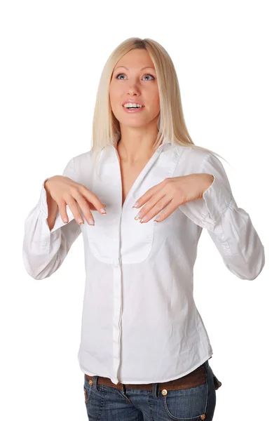 Mosolygó fiatal szőke fehér ing — Stock Fotó