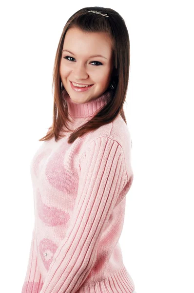 Jovem morena encantadora em uma camisola — Fotografia de Stock