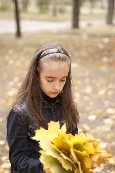 Girl and yellow leaves at autumn — Stock Photo, Image