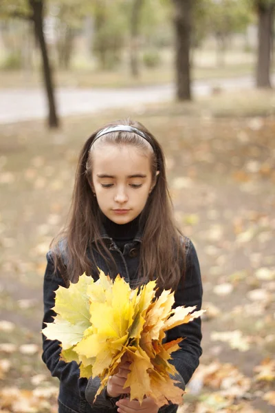 Menina e folhas amarelas no outono — Fotografia de Stock