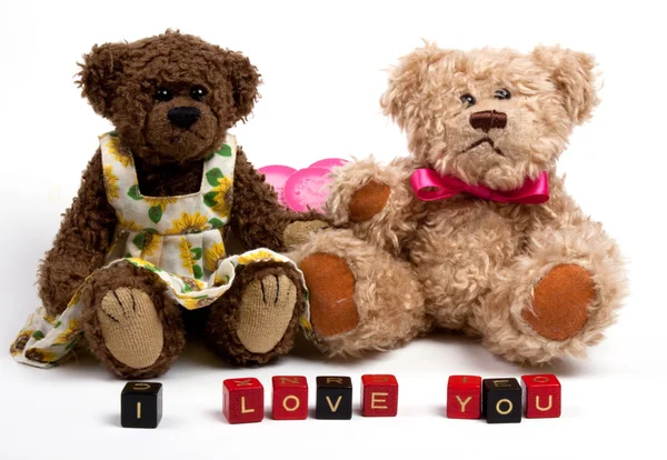 Couple teddy bears with heart. — Stock Photo, Image