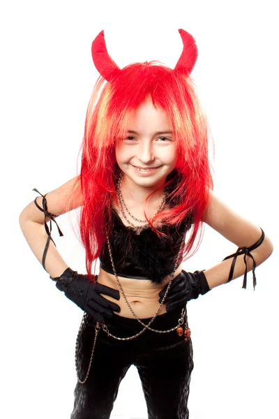 Ďábel dívka. ďáblové karnevalový kostým. — Stock fotografie