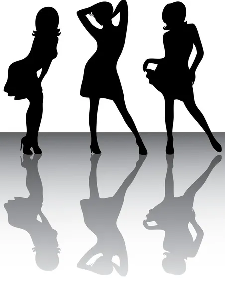 Silhuetter av tre dansande flickor. — Stock vektor