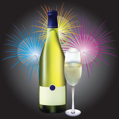 Glass and bottle of champagne and firew clipart