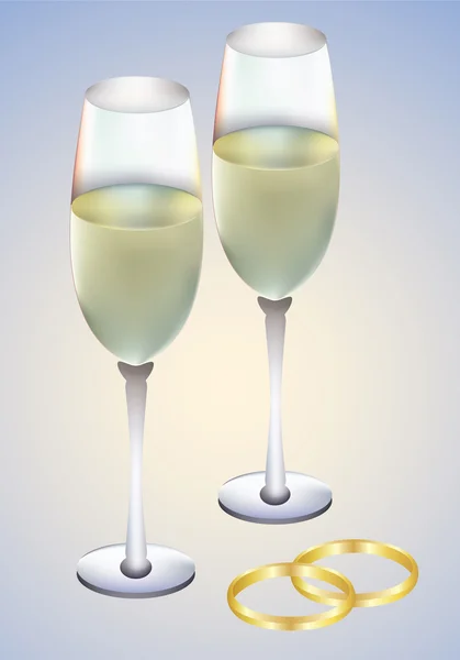 Wedding rings and champagne glasses. — Stock Vector
