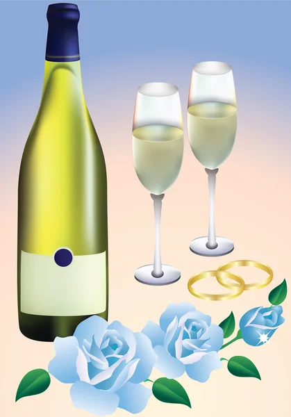 Obrączki ślubne, róże i szampan. — Wektor stockowy
