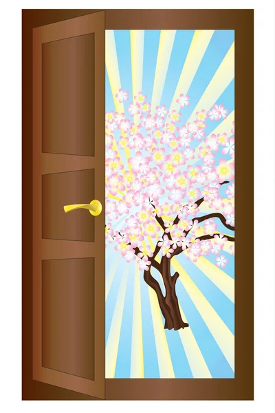 Un arbre fleuri à la porte . — Image vectorielle