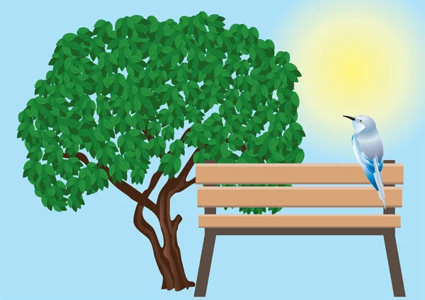 鳥、ベンチと木. — ストックベクタ