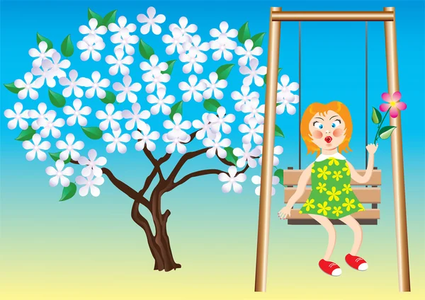 Meisje op een schommel en een bloeiende boom. — Stockvector