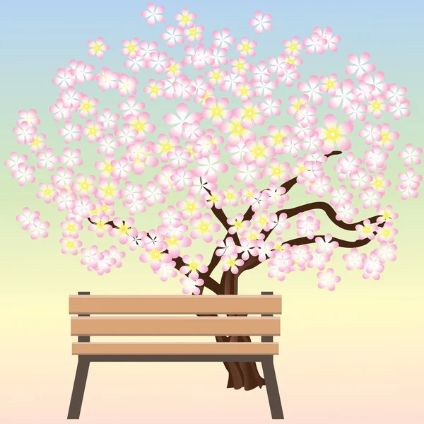 Bench and flowering trees. — Stock Vector