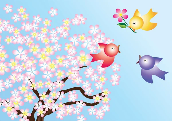 Les oiseaux et les arbres à fleurs . — Image vectorielle