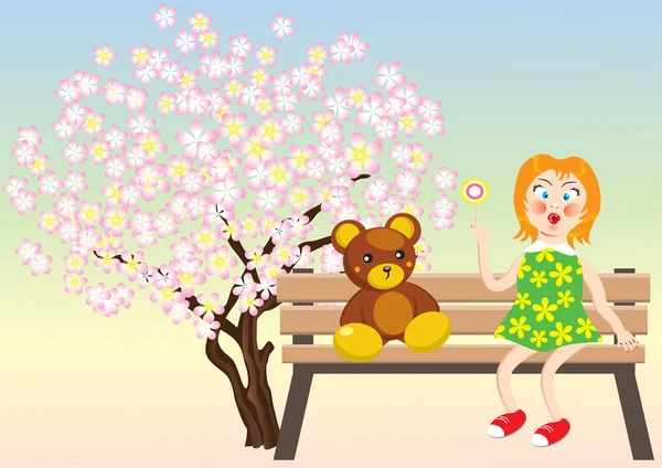 Meisje met teddybeer in de tuin. — Stockvector