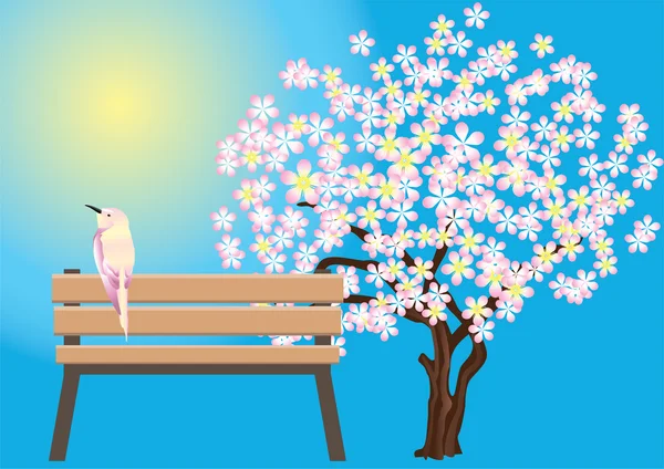 Bird, benches and flowering trees. — Stock Vector