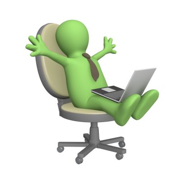 3d puppet, sitting with a laptop clipart