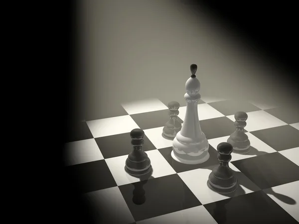 3d 国际象棋王，周围有四个棋子 — 图库照片