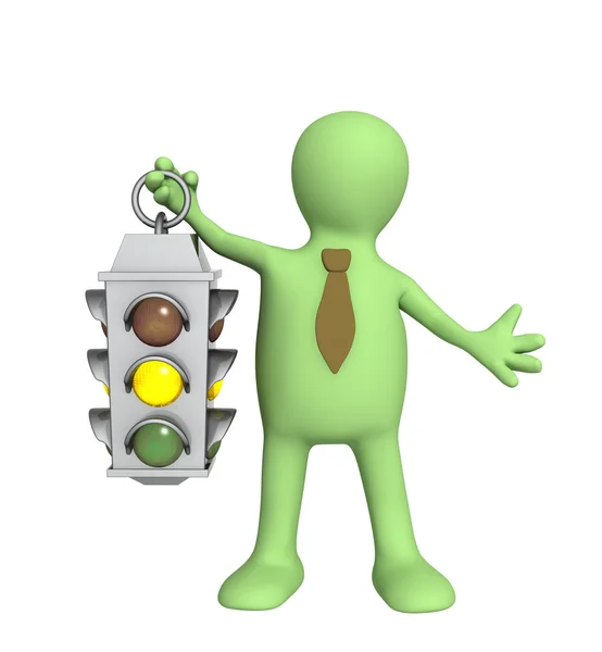 3d puppet - businessman with traffic-lig — Stock Photo, Image