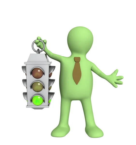 3d puppet - businessman with traffic-lig — Stock Photo, Image