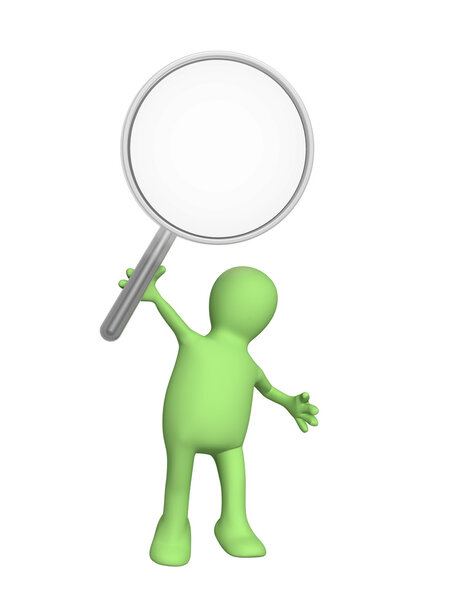 3d puppet, holding magnifier