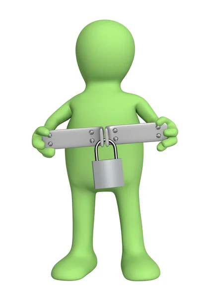 3d puppet with closed lock — Stock Photo, Image