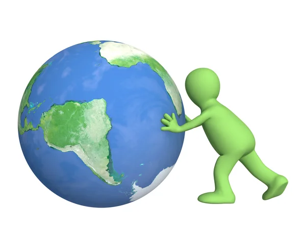 3d puppet, pushing Earth — Stock Photo, Image