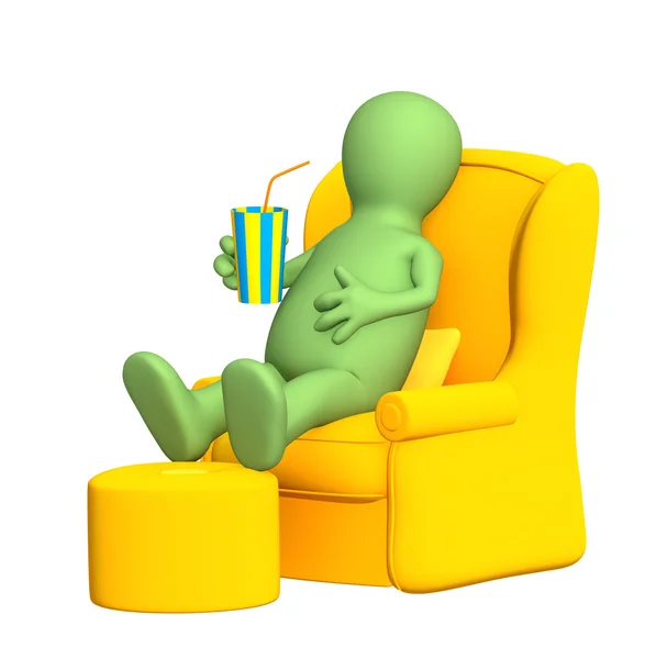 3d 的傀儡，在柔软的扶手椅中休息 — 图库照片