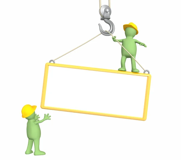 3d builders, lowering a frame on a hook — Stock Photo, Image