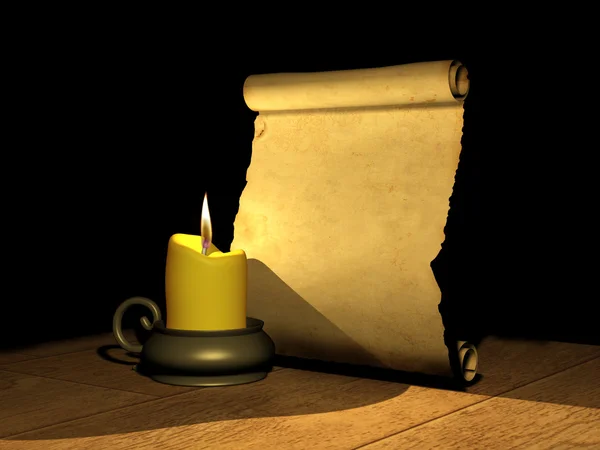 Горящая свеча и древняя рукопись — стоковое фото