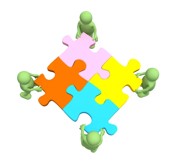 Quattro burattini, tenendo in mano un puzzle — Foto Stock