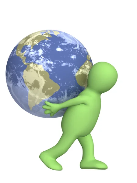 3d puppet, carrying the Earth — Stock Photo, Image