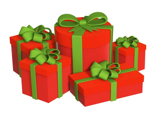Pět krabic s dárky, zapínání na pásek — Stock fotografie