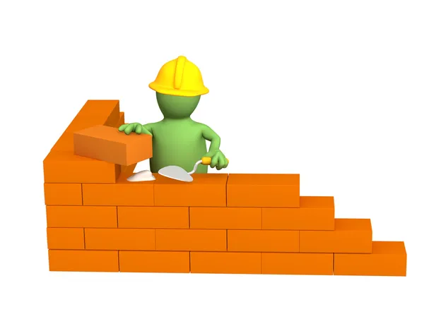 3d puppet - builder, building a brick wa — Stock Photo, Image