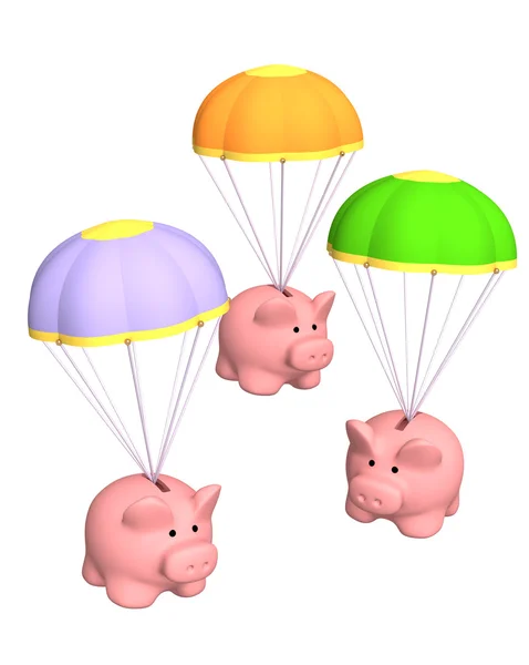 Piggy banks, flying on parachutes — Stock Photo, Image