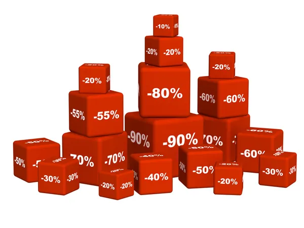 Κόκκινα κουτιά με τα εμπορεύματα σε ένα discoun — Φωτογραφία Αρχείου