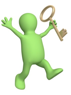 3d puppet, holding in hand a gold key clipart