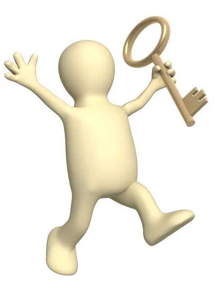 3d puppet, holding in hand a gold key — Stock Photo, Image