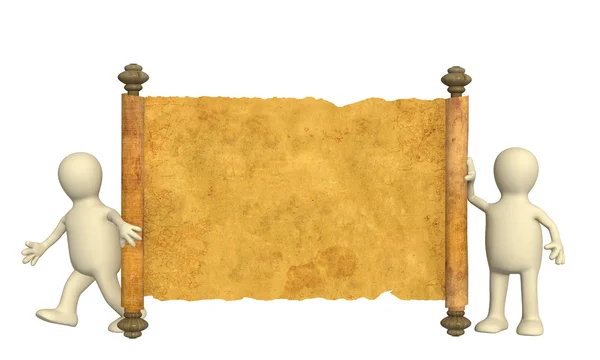 3d puppets with the ancient manuscript — Stock Photo, Image
