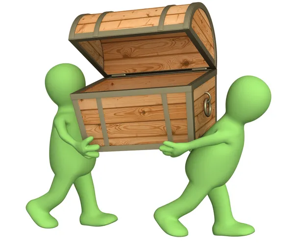 Two puppets with wooden box — Stock Photo, Image