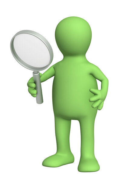 3d puppet, holding magnifier