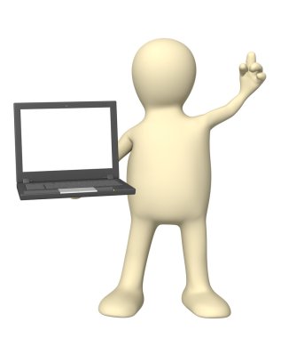 3d puppet with laptop in hand clipart